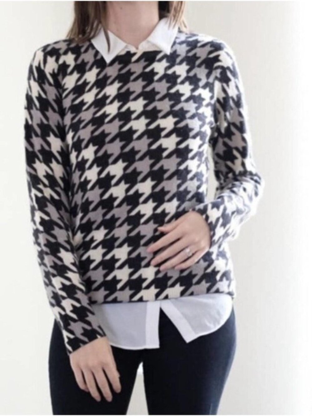 Equipment 100% Cashmere Houndstooth Black White Pullover Sweater Size M